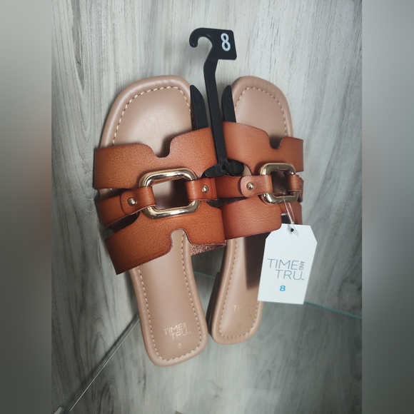 Time and Tru Shoes - Time and Tru Tan Slide Sandals with Gold Buckle SZ 8 New